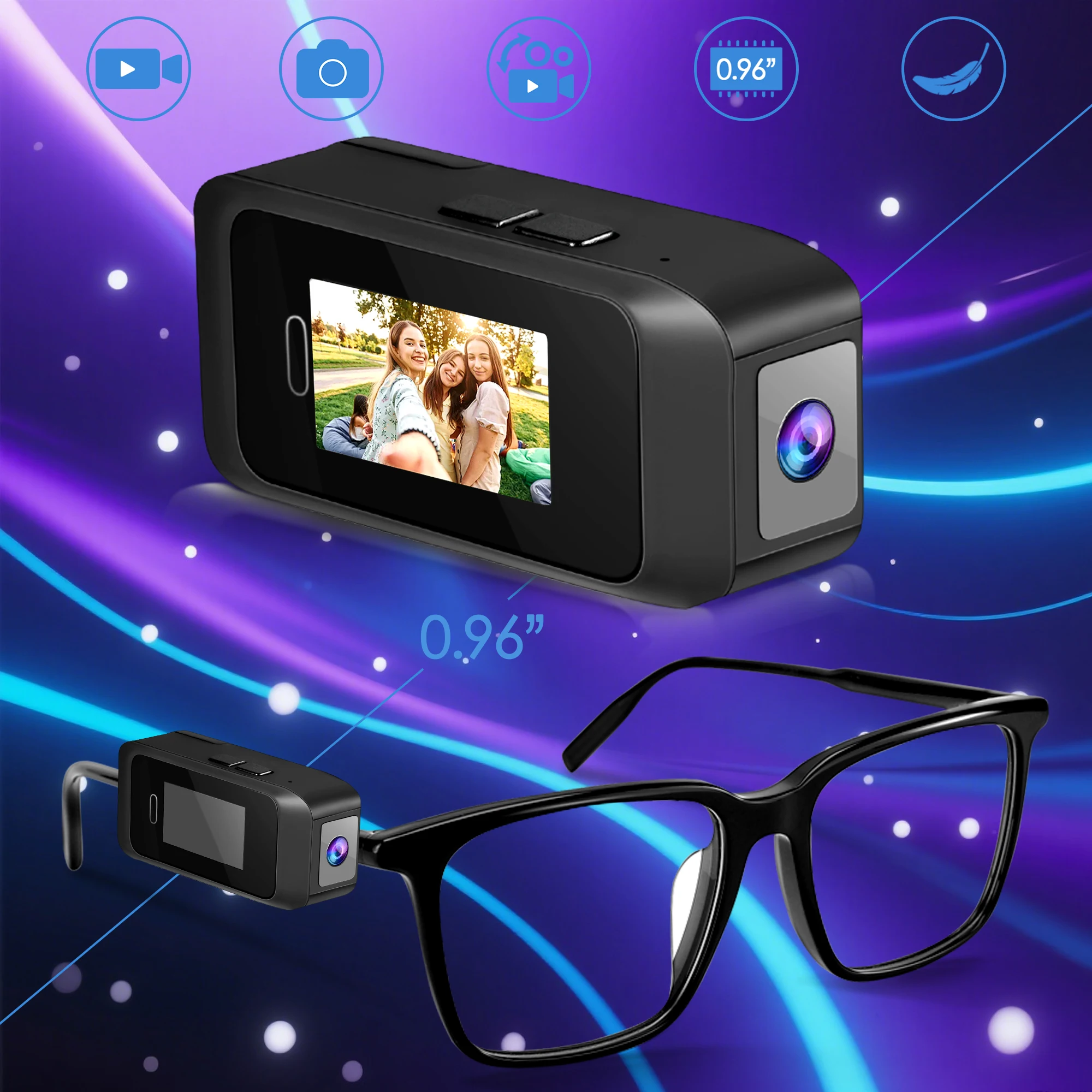 HD 1080P 30FPS Head Mounted Camera Wearable Video Wireless Camcorder Battery DV New Glasses Mini Cam with 0.96 Display Screen