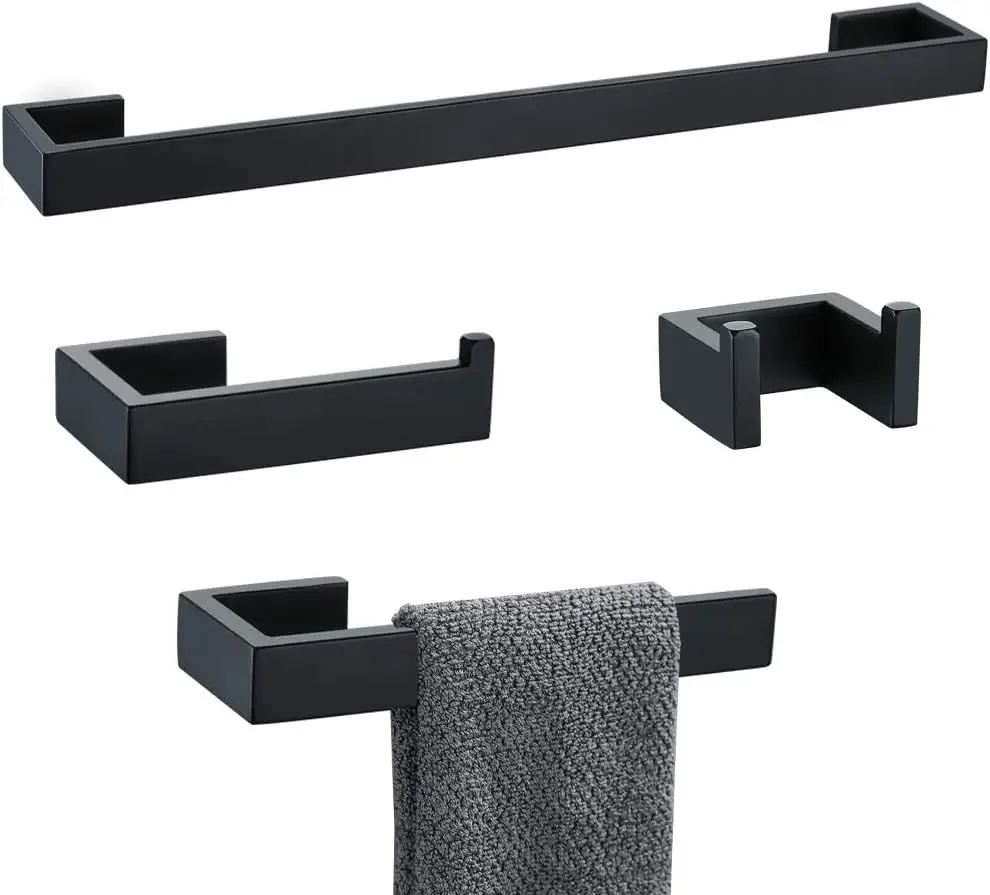 

4-Piece Black Stainless Steel Bathroom Hardware Set with Towel Bar, Holder, Hook & Paper Holder