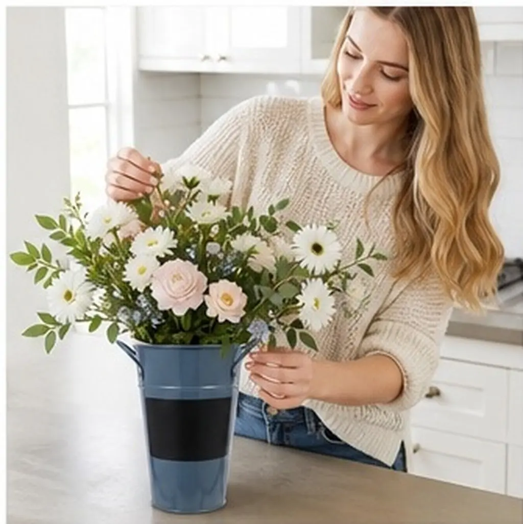 Small Iron Flower Bucket Retro Style Chalkboard Surface Desktop Planter for Home Office Cafe Decoration Wide Mouth Metal Vase