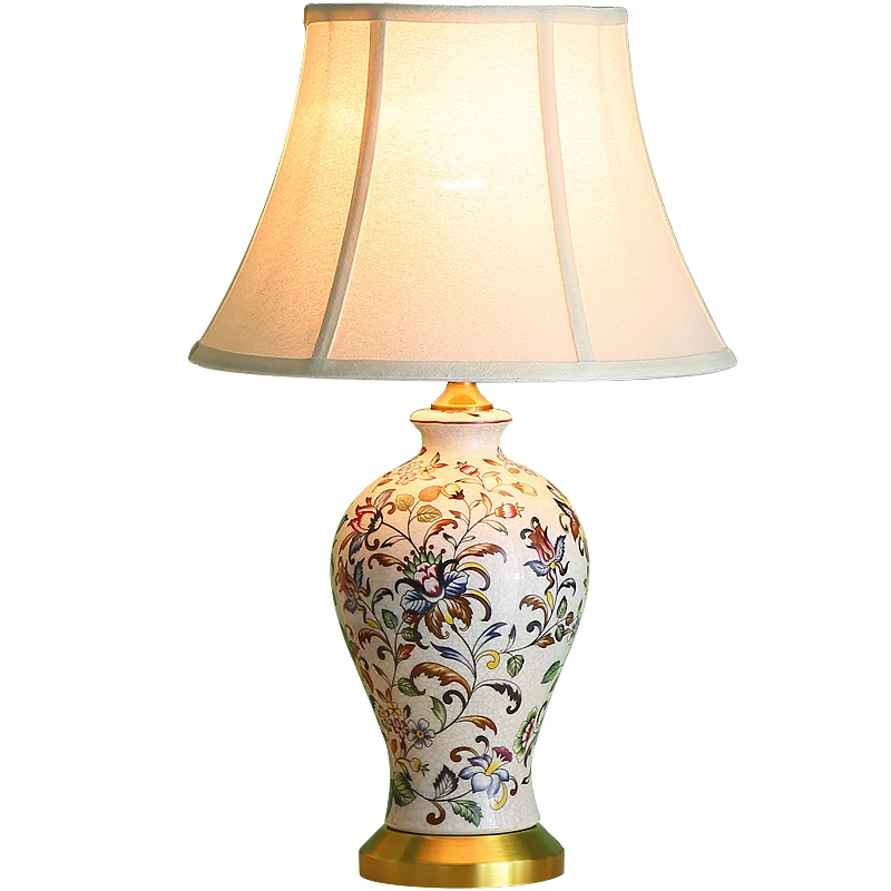 Nordic Painted Pattern Ceramic Table Lamp with Fabric Shade Bedside Indoor Decorative Lighting for Home