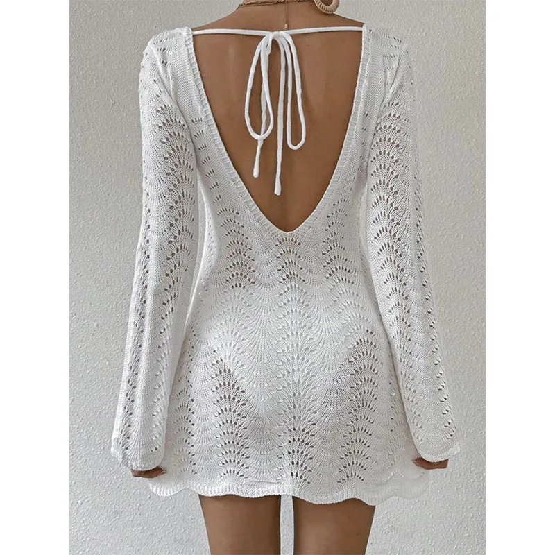 Vestido bodycon de manga comprida com decote em V solto para férias na praia