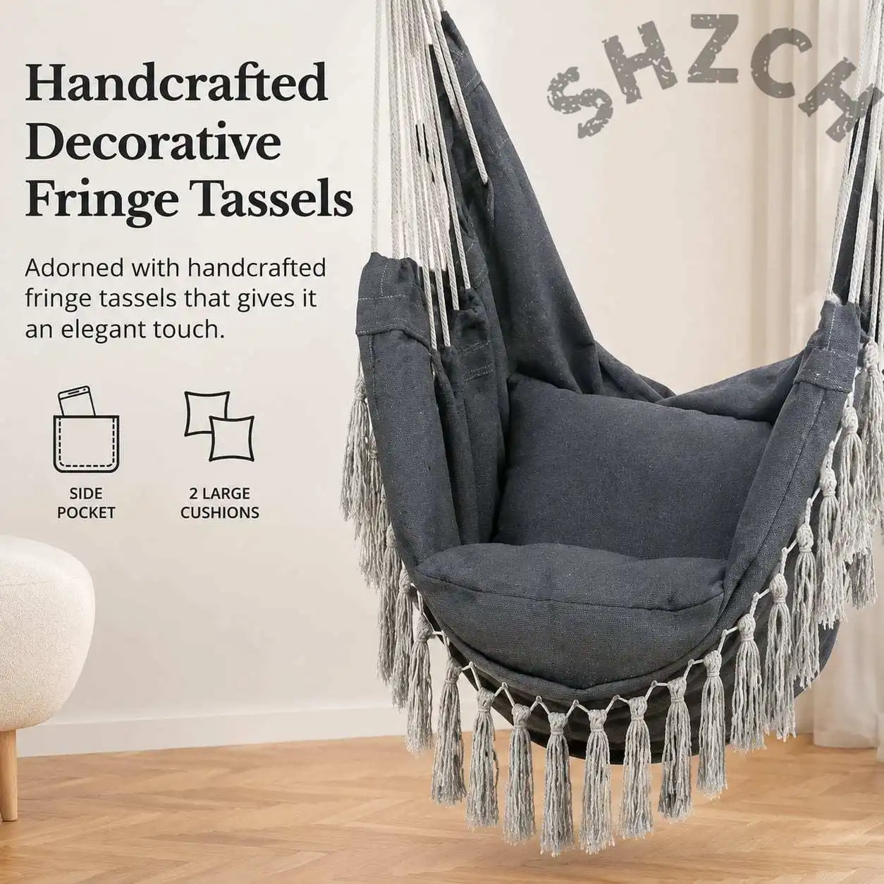 Macrame Hanging Chair with Cushioned Pillows – Heavy-Duty Cotton Rope Swing for Indoor or Outdoor Use, 500 lb Capacity
