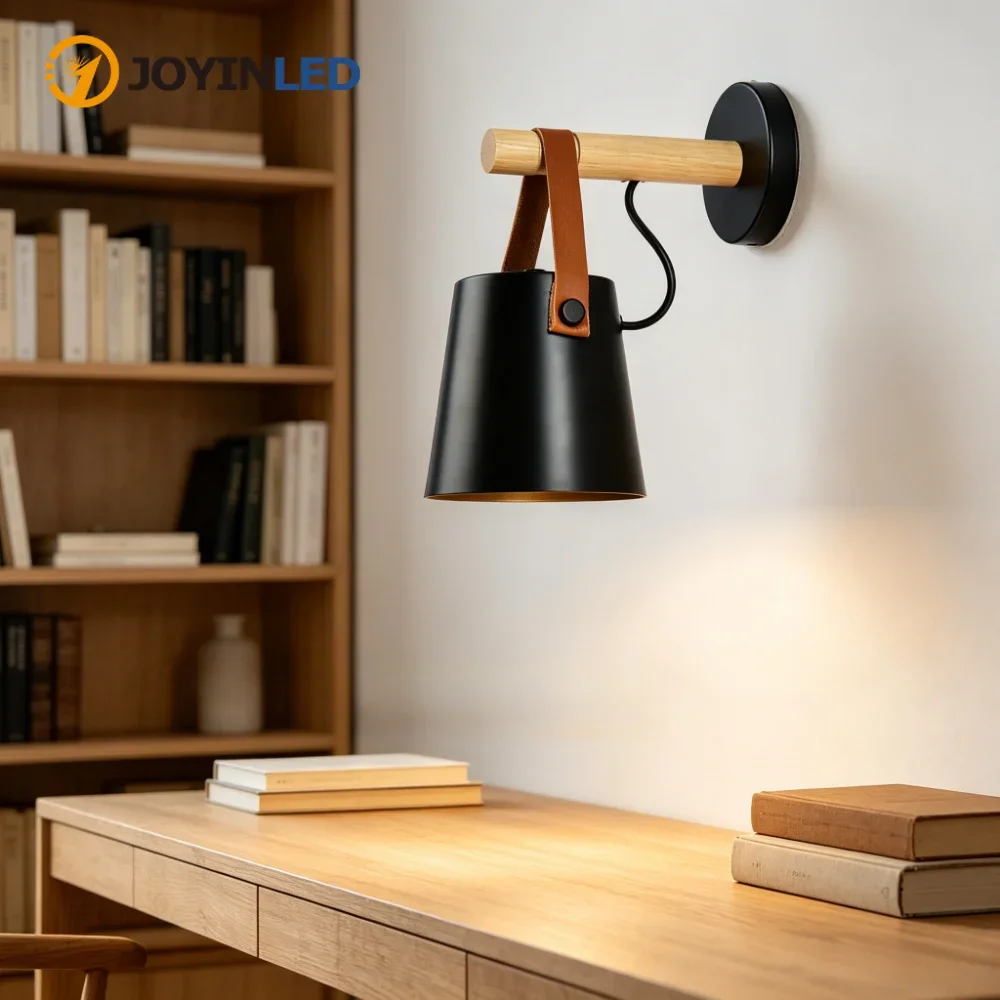 JOYINLED 1/2PCS Black Nordic E27 Wall Sconce, Metal Shade with Wood Arm & Leather Strap, Modern Bedside Wall Light for Bedroom