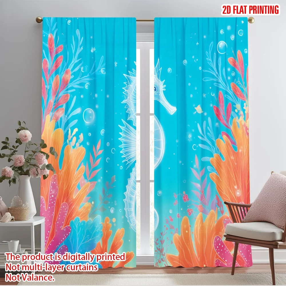 

2pcs 2D flat printing Curtains Coral Reef Dream 100% Polyester Without Electricity 0 Use for Holiday Family Portraits Party