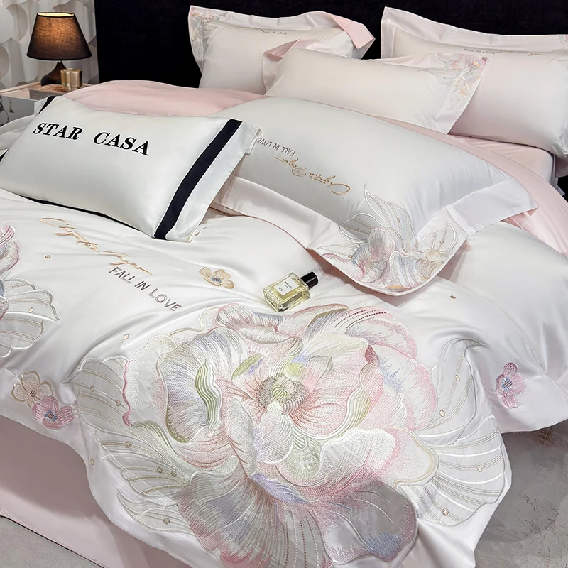 500TC Egyptian Cotton Flowers Embroidery Luxury Bedding Set 100% Cotton Duvet Cover Set Bed Sheet/Fitted Sheet Pillowcases 4Pcs