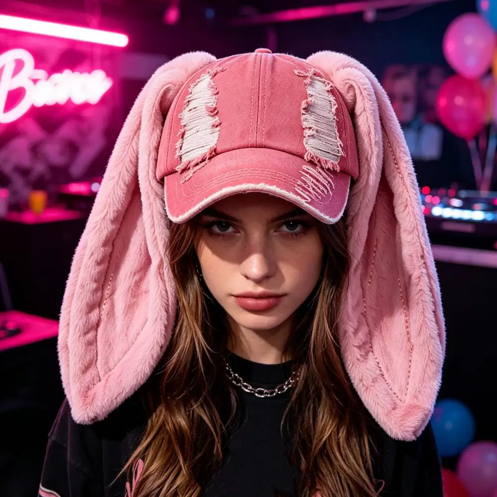 Weather Headwear Baseball Cap with Plush Rabbit Ears Washed Distressed Peaked Hat Long Bunny Ear Accessory for Winter Dance