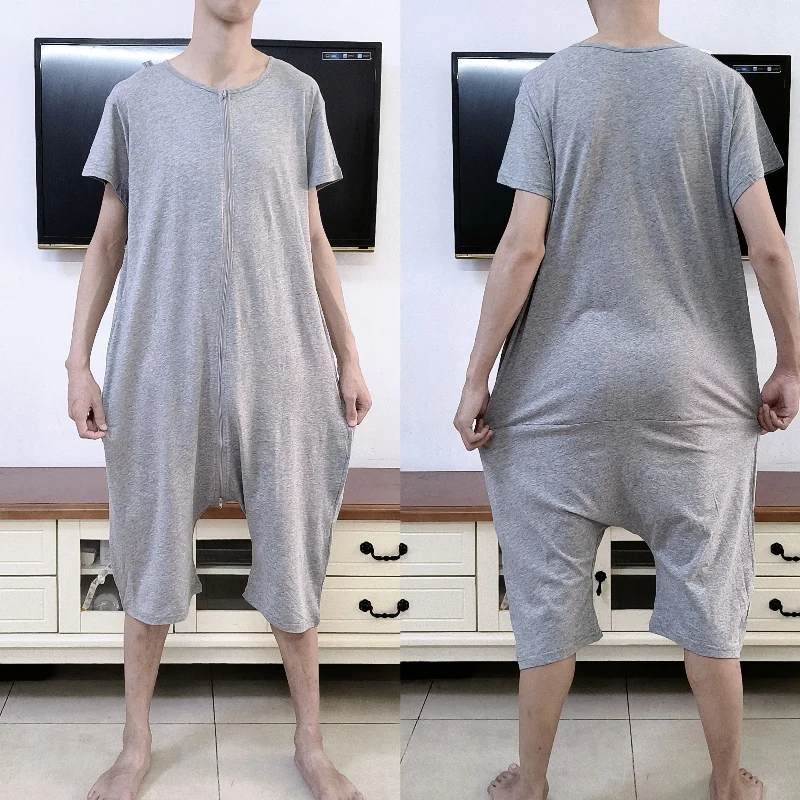 Men Double Zipper Open Design Trainning Sets Summer Breathable One Piece Pajamas Male Loosed Fit Bodysuits Exercise Loungewear