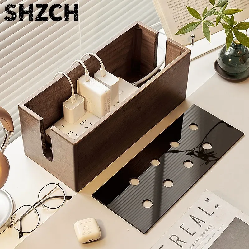 Glass & Walnut Cable Box Premium Wire Organizer Decorative Power Strip Container Natural Wax Finish