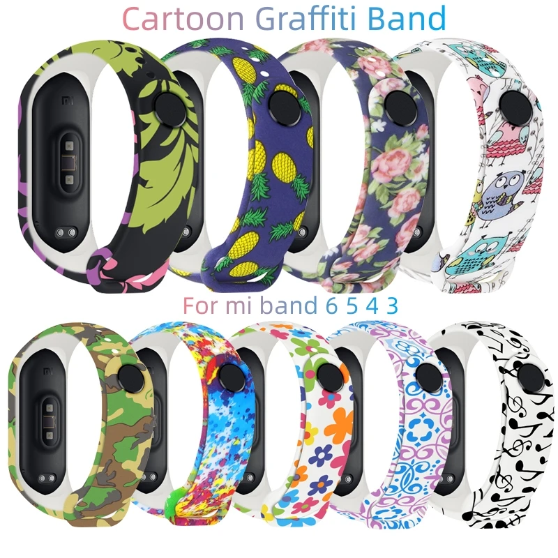 Cute Graffiti Strap For Mi Band 6 5 4 3 Strap Replacement Bracelet Universal Silicone Wrist Strap Colorful Flowers Watch Band