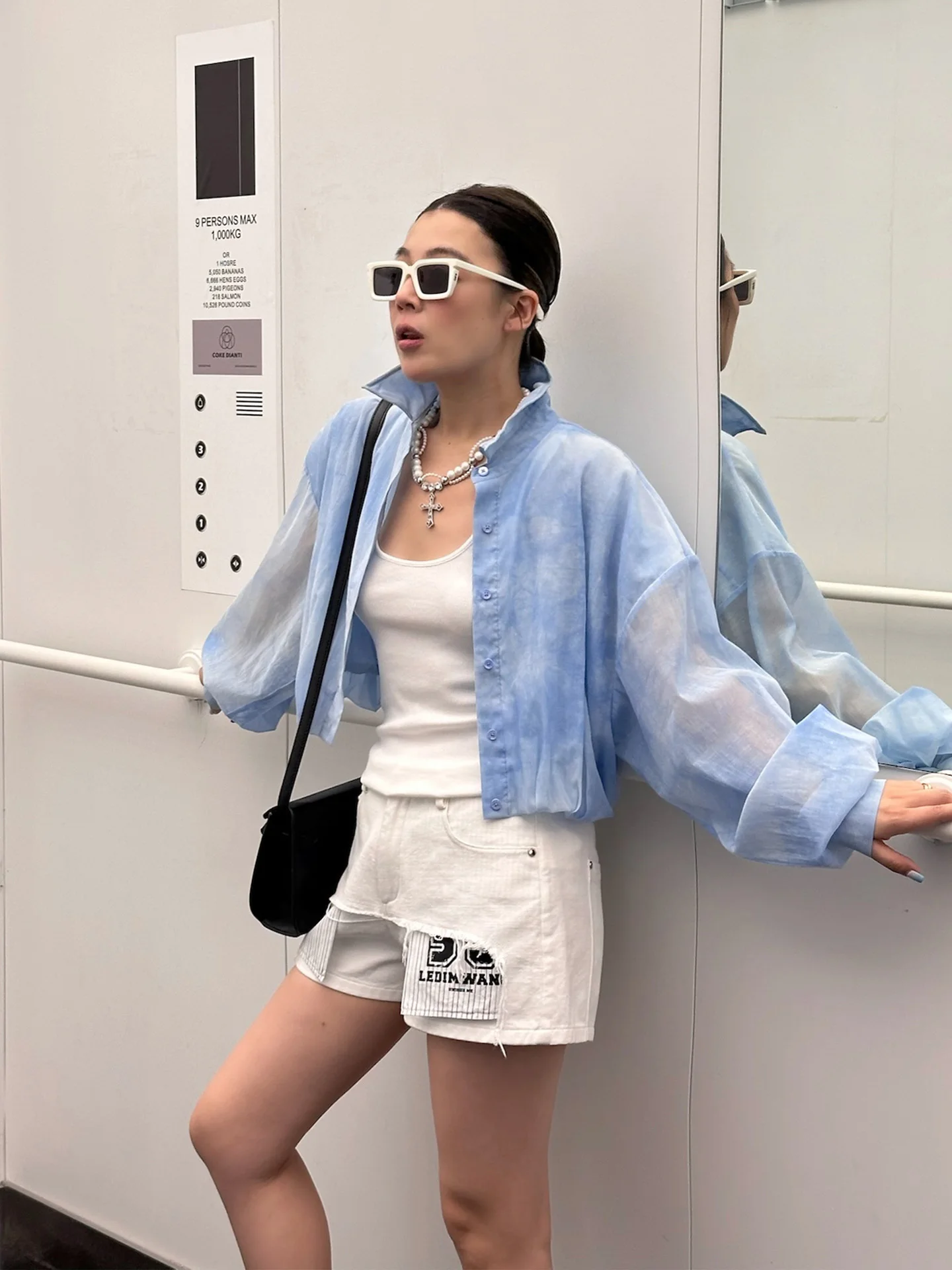 

LEDIM WANG White Label Series Loose Fit ort Blue Bud irt Thin Versatile Long Sve Women's Cotton irt Lantern Sve