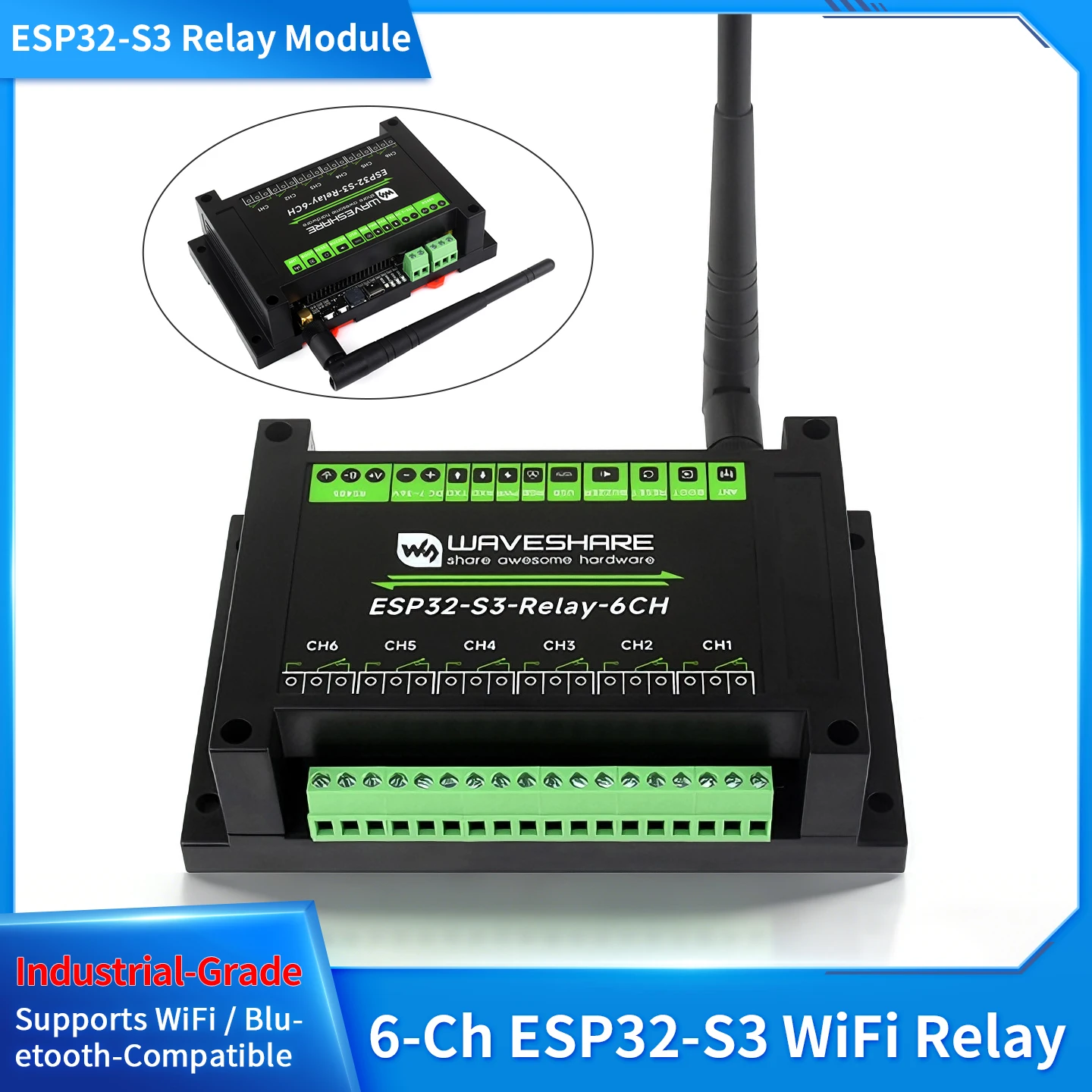 Industrial 6-Channel ESP32-S3 WiFi Relay Module IOT WiFi Bluetooth RS485 Control Pico HAT interface Built-In Protection Circuits