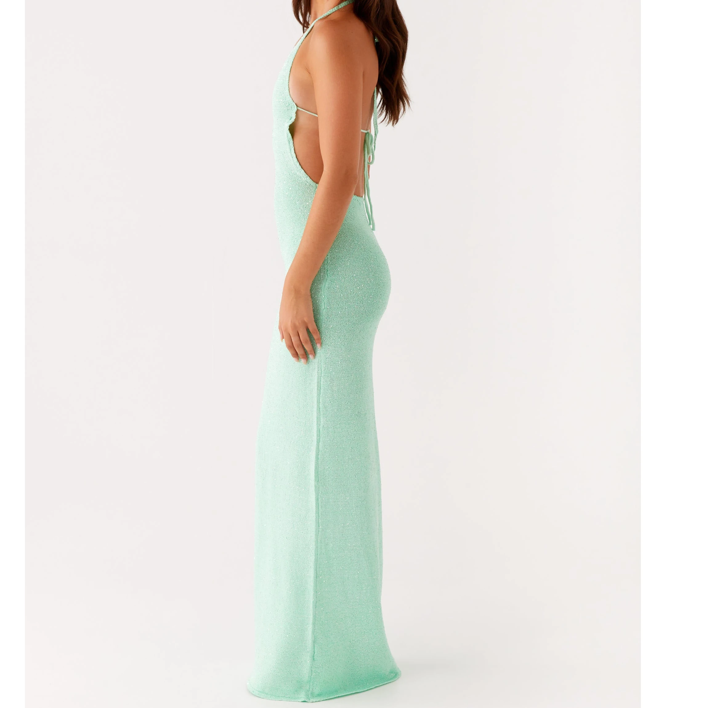 2025 Women's 3D Flower Halter Neck Soild Knit Dress Sleeveless Tie Backless Bodycon Deep V-neck Long Dress Summer Beach Dress