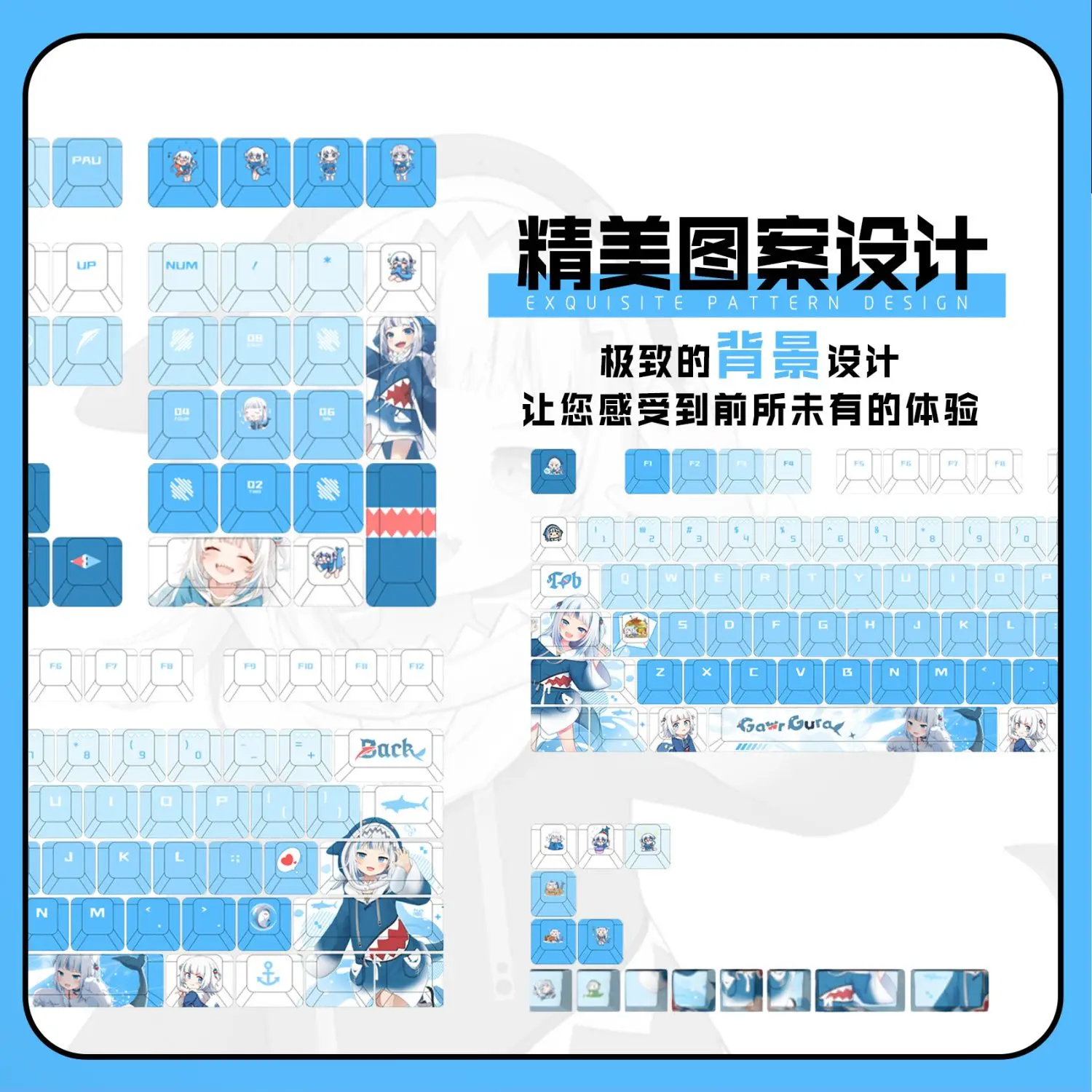 122 Keys Hololive Keycaps Cute ‌Gawr Gura Theme Keycap PBT Key Cap DYE-Sub Cherry Profile Key Cap for Made68 Mad68 Wooting 60