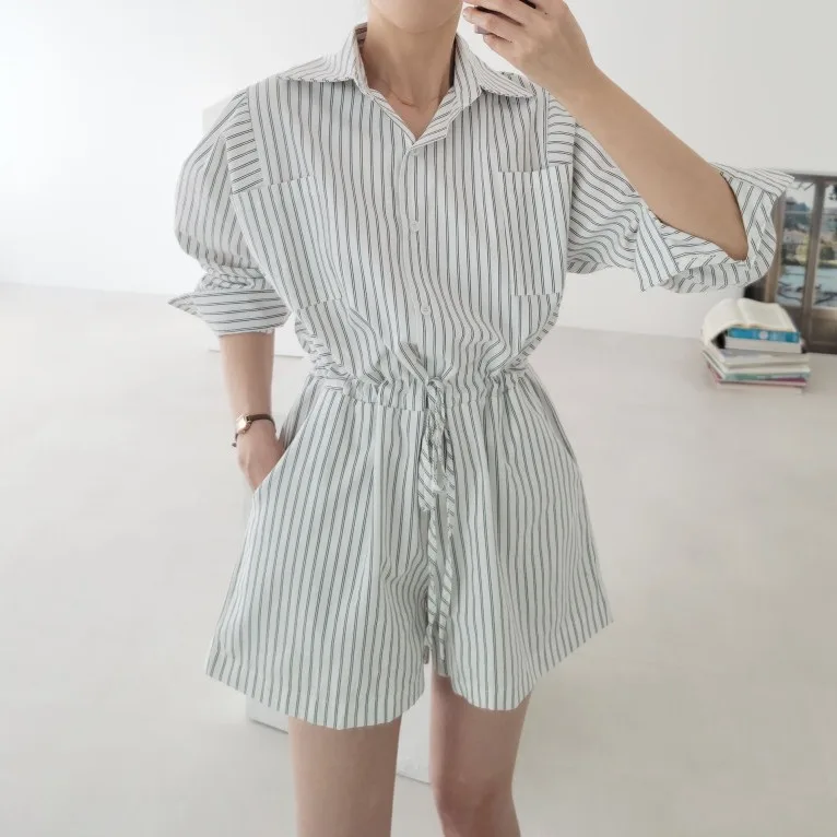 

Women Vintage Striped Jumpsuit Spring Summer Loose Fit Romper with Button Front Laceup Detail Casual Pocketed Playsuit