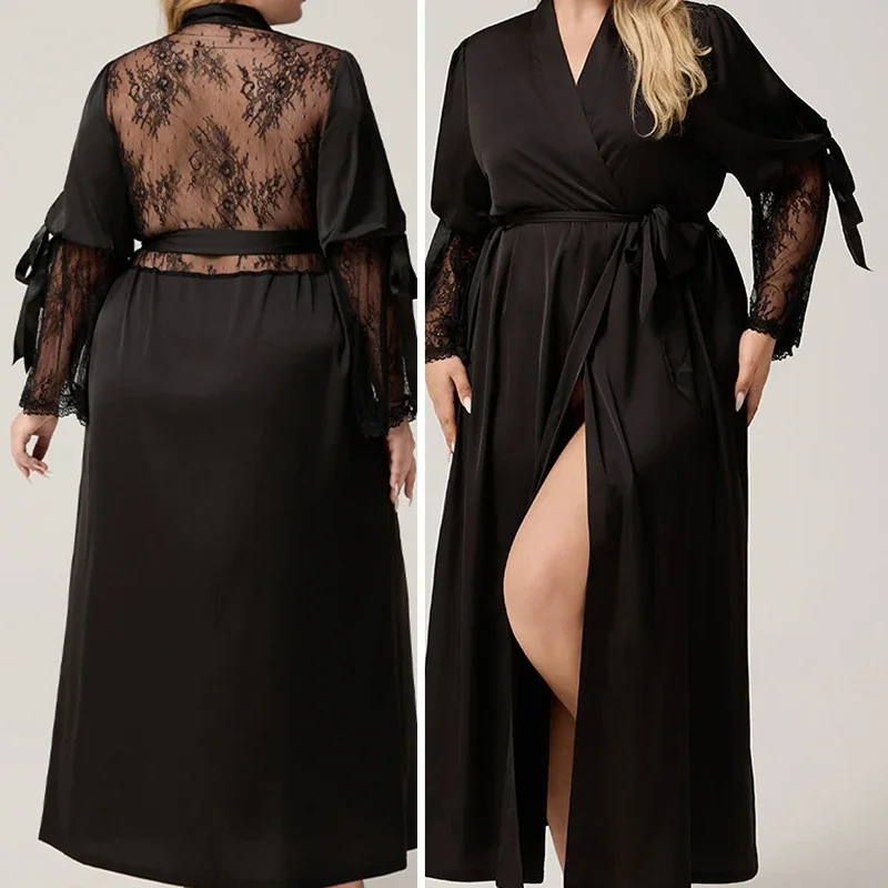 

Черный халат, женская одежда для сна, французский минималистичный стиль, вискоза, домашняя одежда, сексуальная кружевная лоскутная ночная рубашка сзади, интимное белье