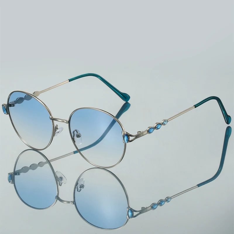 KAMMPT Vintage runde Sonnenbrille mit Strasssteinen für Damen, 2024, neue Mode, Farbverlaufs-Sonnenbrille, trendiges süßes Design, lässige Farbtöne