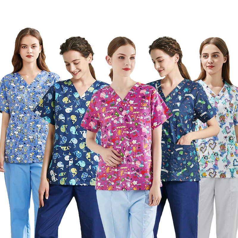 

Summer Unisex Frosted Uniform v-Neck Animal Print Scrub Short Sleeve Top Medical Hospital Nurse Doctor Dental Clinic Overalls