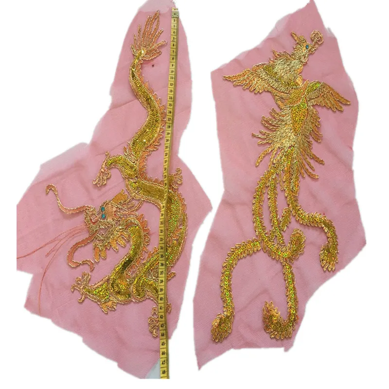 Chinese Style Have 1Pair Gold Seqin Dragon Peacock Embroidery Patches Sewing For Clothing Red Mesh Fabrics Lace Patch Decor DIY