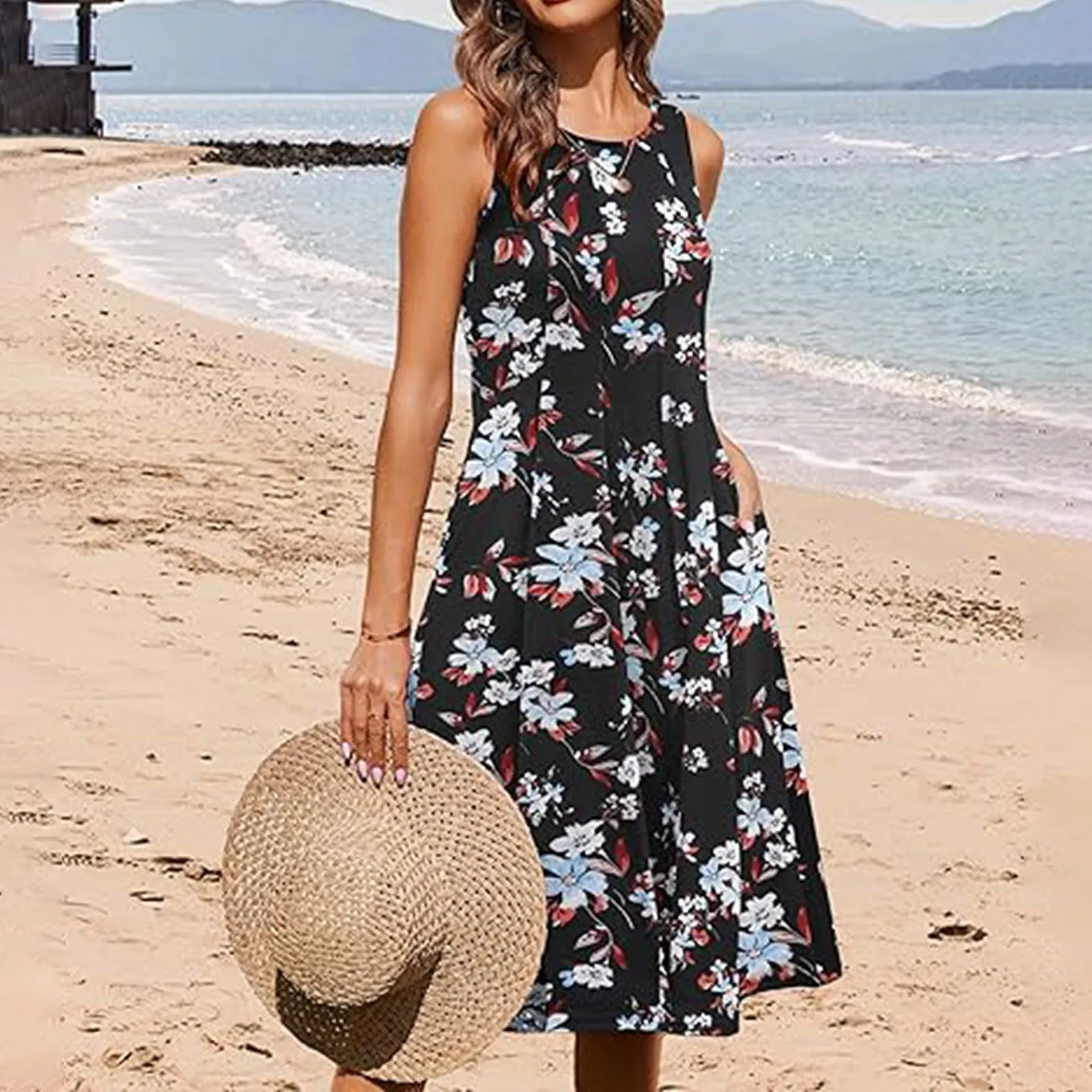 

Women's O Neck Sundress Mini Dress With Pocket Colorful Flower Print Causal Vestidos Fashion Loose Sleeveless T-shirt Dresses