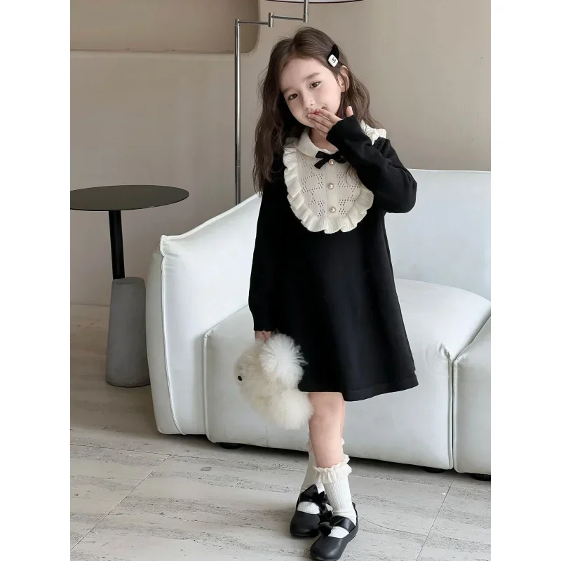Girls' Autumn and Winter New Knitted French Hepburn Style Wool Skirt Western Style Heavy Industry Base Dress