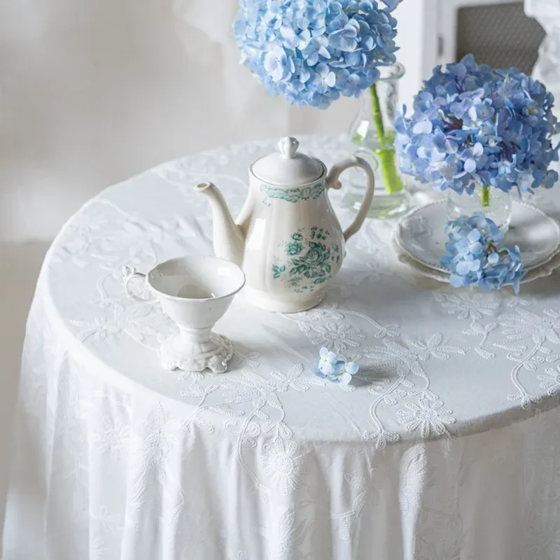 Blue and White Porcelain Embroidered Cotton Table Cloth Waterproof Oil Proof Lotus Leaf Edge Household Table Linen Table Cover