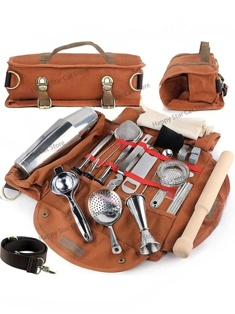 Bartender Kit Bar Wine Set Bag Canvas Tool Bag Cocktail Shaker Portable Buggy Bag