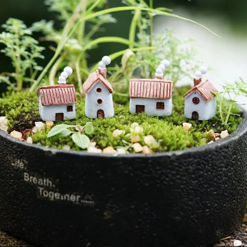 Set of 4 Pcs Mini Resin House Miniatures, Terrarium Figurines, Fairy Garden Micro Landscape Crafts DIY Decoration Supplies