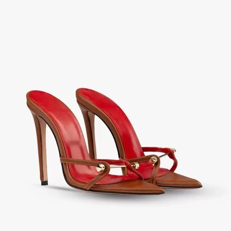 

European and American fashion pointed-toe open-toe metal buckle stiletto heels patent leather low-cut sandals large size 34-46