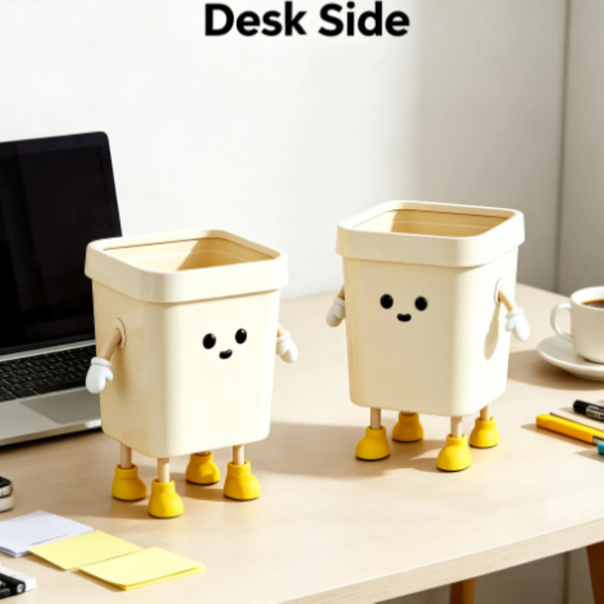 2 Pack 7L Square Desktop Cartoon Trash Can, Standing Character Design Waste Bucket with Press Ring, Garbage Bin for Bedroom Office Dorm