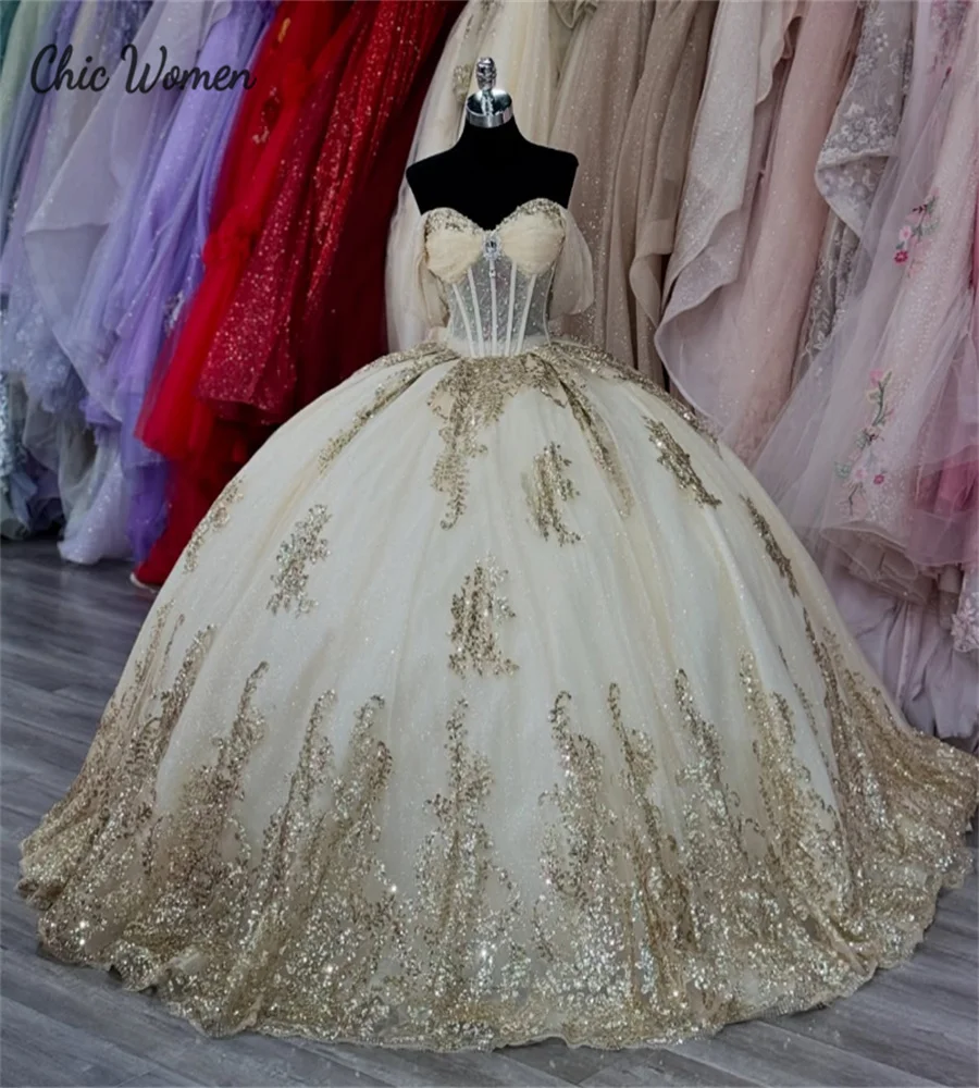 

Sparkly Light Champagne Vestidos De 15 Quinceañera Debutante Luxury Off Shoulder Para 15 Años Xv Birthday Party Gown Customized