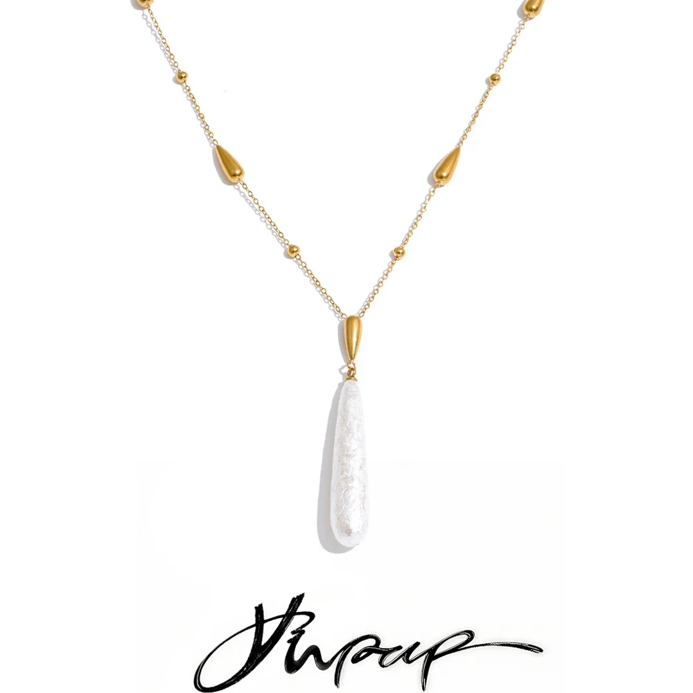 Yhpup Edelstahl-Tropfenanhänger mit Imitationsperlen, Halskette, Neuheiten, Modisch, Schick, Abendglamour-Schmuck