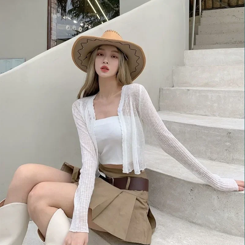 Thin Ice Silk Cardigan White Women Long Sleeve Knit Coat Slim Crop Top Korean Fashion Simple Casual Sunscreen Clothing Wholesale