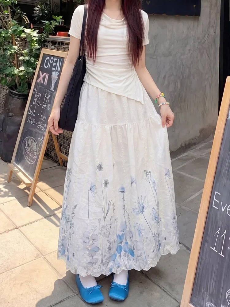 

Floral Gradient Embroidery Half Skirt Women's Summer Sweet Fairy A-Line Long Skirt High Waist Slimming Korean Style Commute