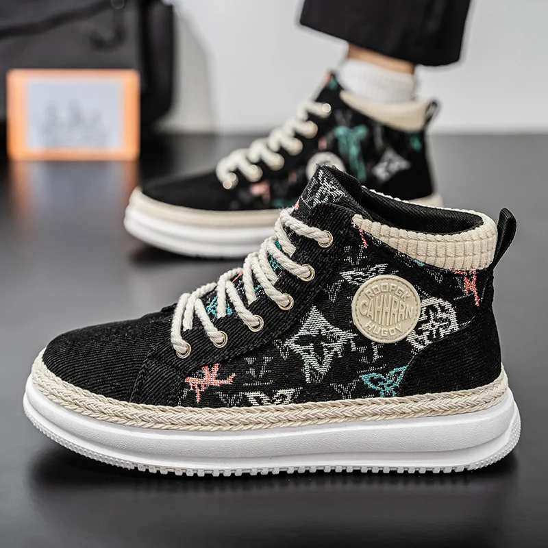 

919 High-top Corduroy Straw Weave Sole Casual Men's Sneakers Versatile Niche Student