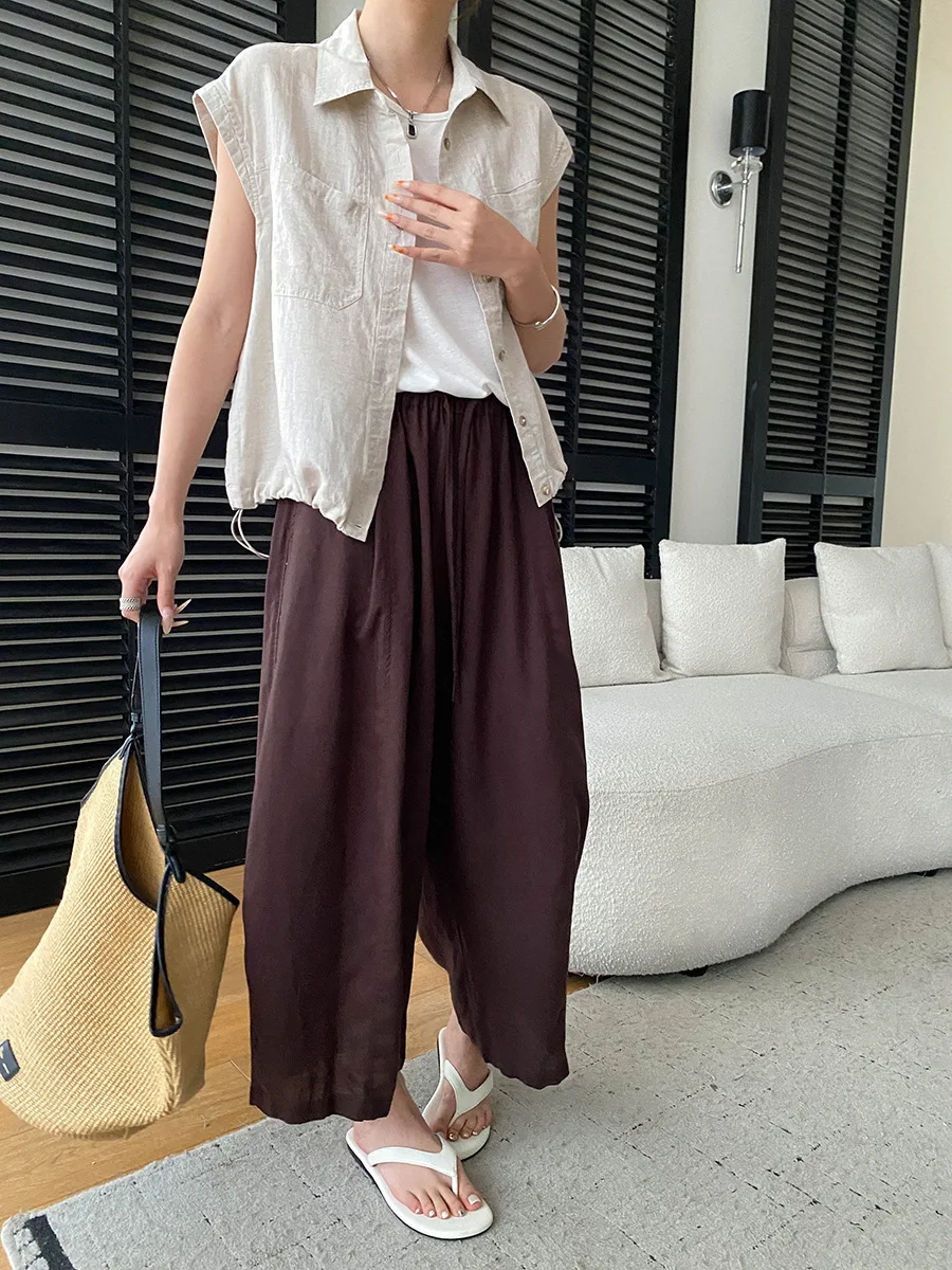 Sommerliche High-Waist-Hose mit weitem Bein für Damen, lässige, einfarbige, locker sitzende Hose – Detail 4