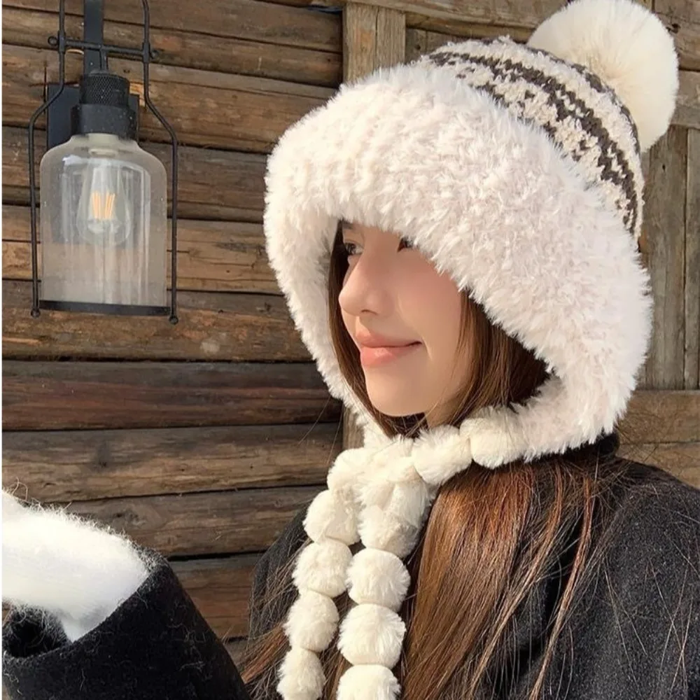 

New Warm Warm Ear Protection Hat Ethnic Style Thick Plush Ear Protection Hat Soft Pompom Fluffy Bucket Hat for Women