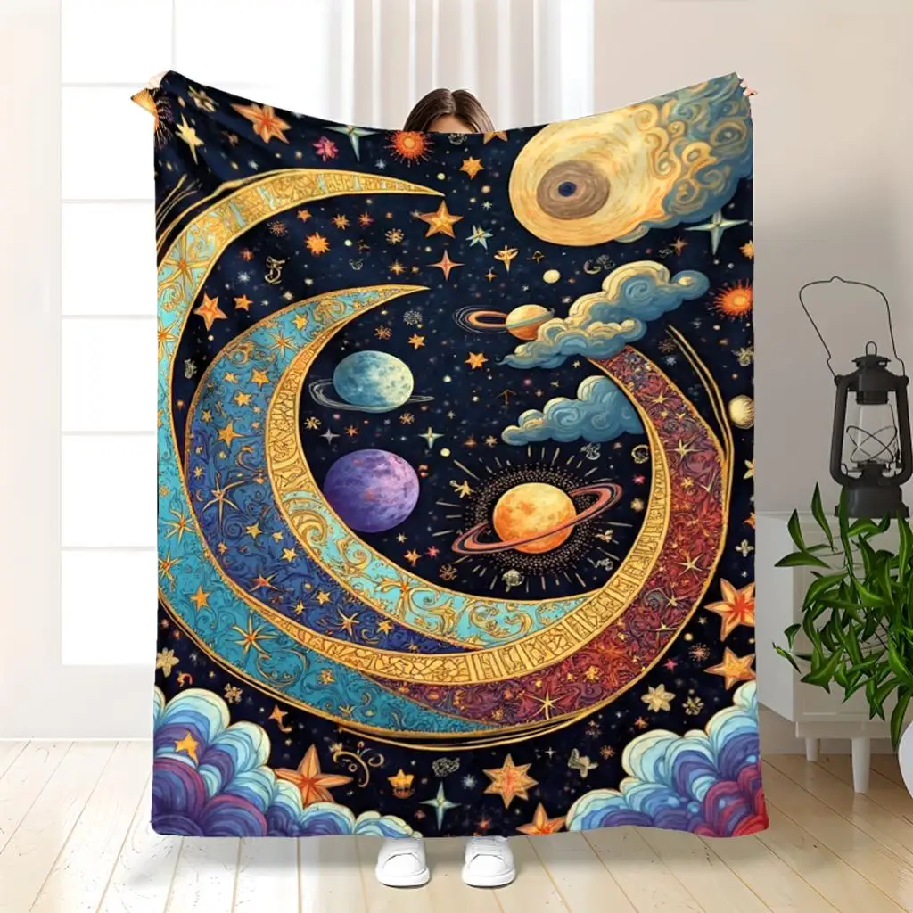 Starry sky and universe theme Flannel printed blanket suitable for all seasons suitable for living room office sofa and travel