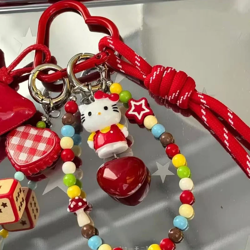 Kawaii Hello Kitty Gantungan Kunci Manik-manik Warna-warni Kartun KT Tas Jimat Busur Merah Tali Tenun Gantungan Kunci Wanita Ransel Liontin Hadiah Anak Perempuan