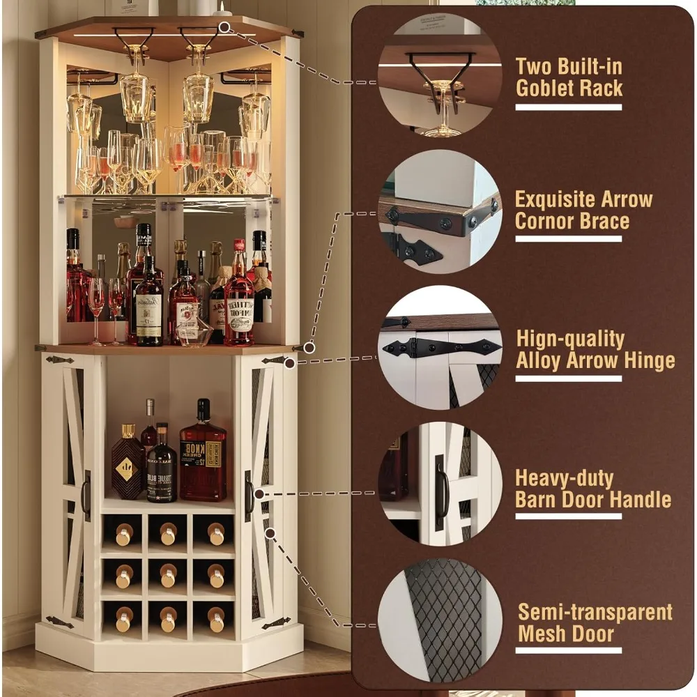 Corner Bar Cabinet Wine Bar Cabinet w/LED Lights & Glass Rack,Wine Cabinet,Coffee Station and Microwave Stand