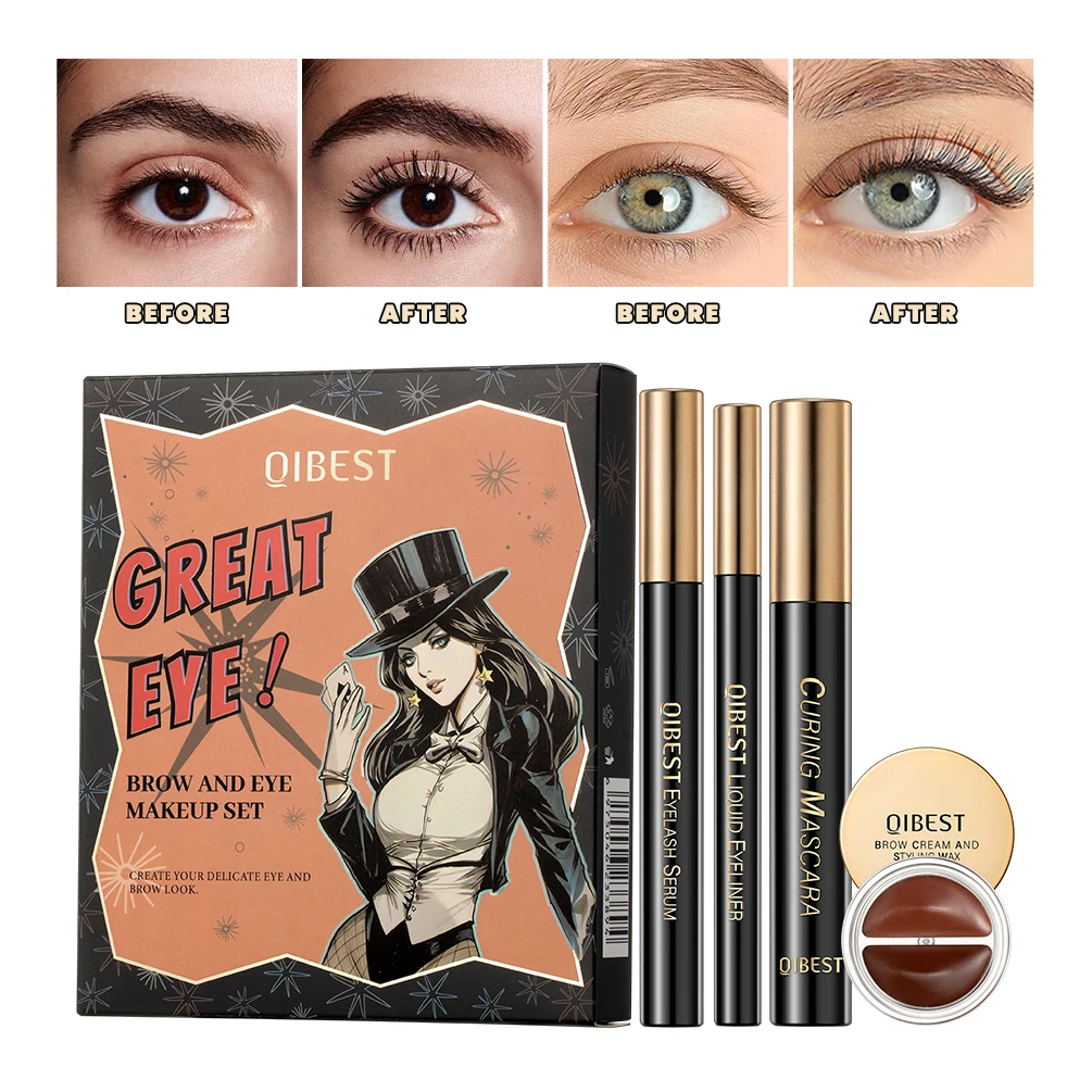 QIBEST Augen Make-Up Kits Wimpern Wachstum Serum Enhancer Schwarz Mascara Verlängerung Wimpern Flüssigen Eyeliner Stift Augenbraue Tönung Sets