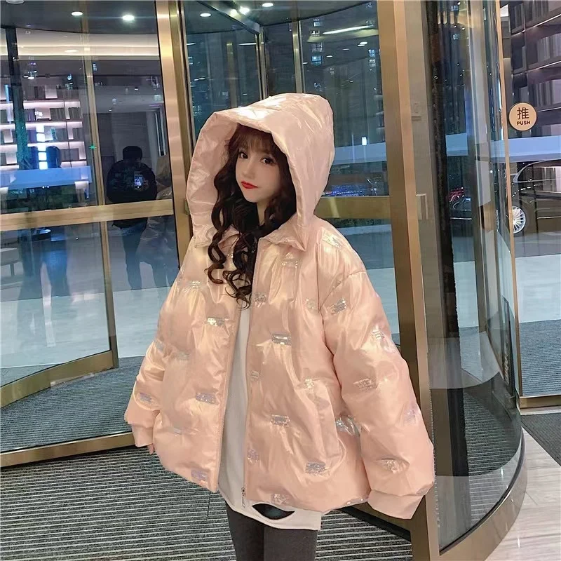 2023 Winter New Stand Collar Cotton Padded Casual Jacket Women Bright Print Hooded Parkas Thick Warm Chic Fashion Coats