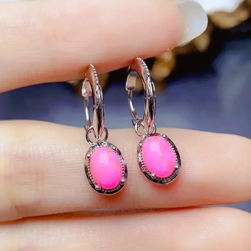 925 Silver Hoop Earrings Natural Pink Opal English Hoop Earrings 925 Sterling Silver Opal Dangle Earrings For Women