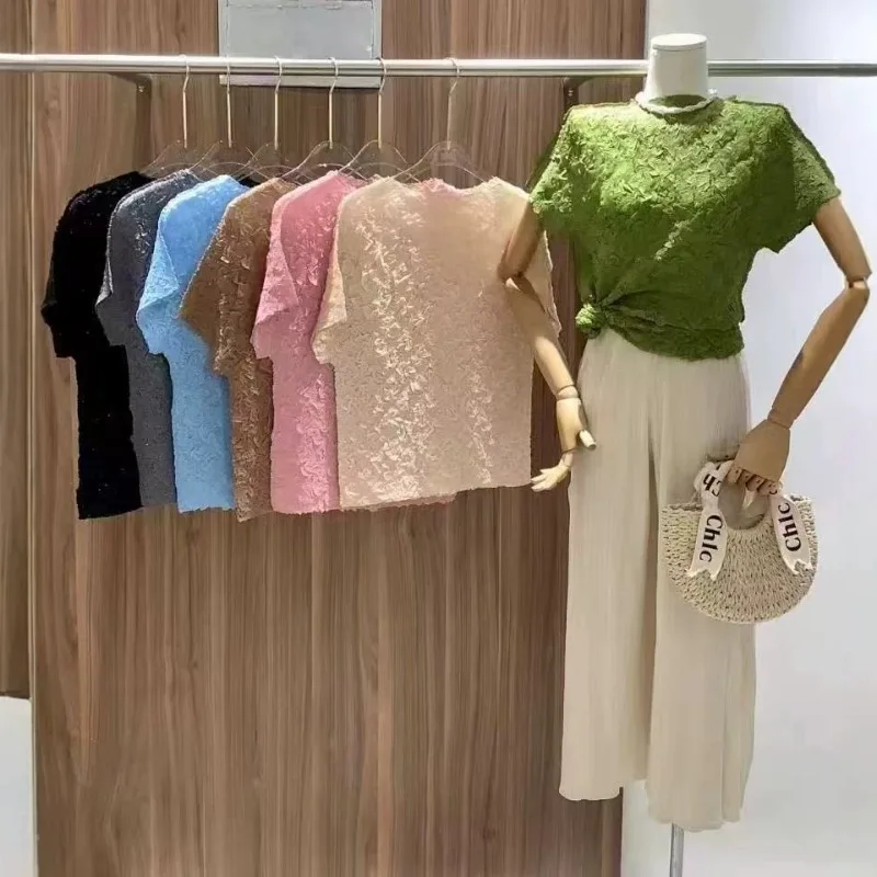 Miyake Pleated Fashion Glitter Embroidered Short Sleeve T-Shirt Summer Thin Casual Versatile Slim Fit Solid Color Base Shirt