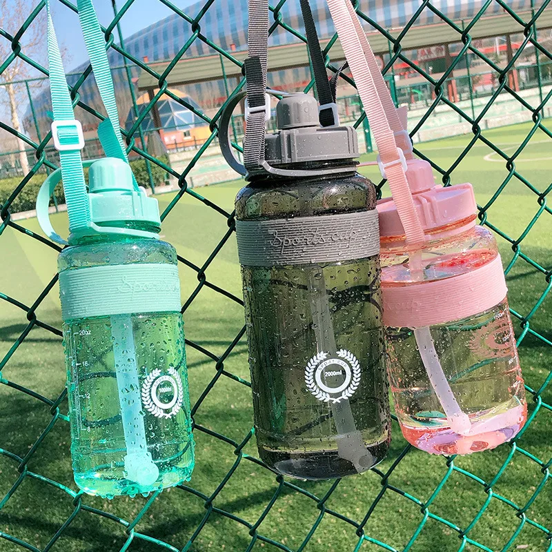 2L Fitness Sports Water Bottle Plastic Large Capacity Hiking Bottle with Straw Outdoor Climbing Bicycle Drink Waterbottle Kettle