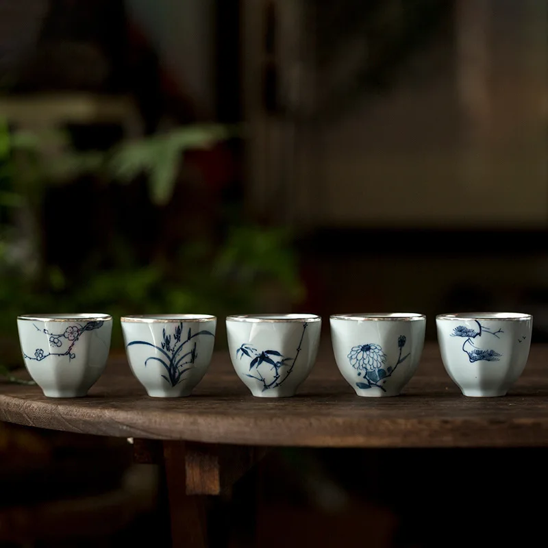 

Античная глазурь, синяя и белая серебряная чайная чашка с ручной росписью, чайные сервизы Gongfu, маленькие мастер-чашки, аксессуары для домашней питья