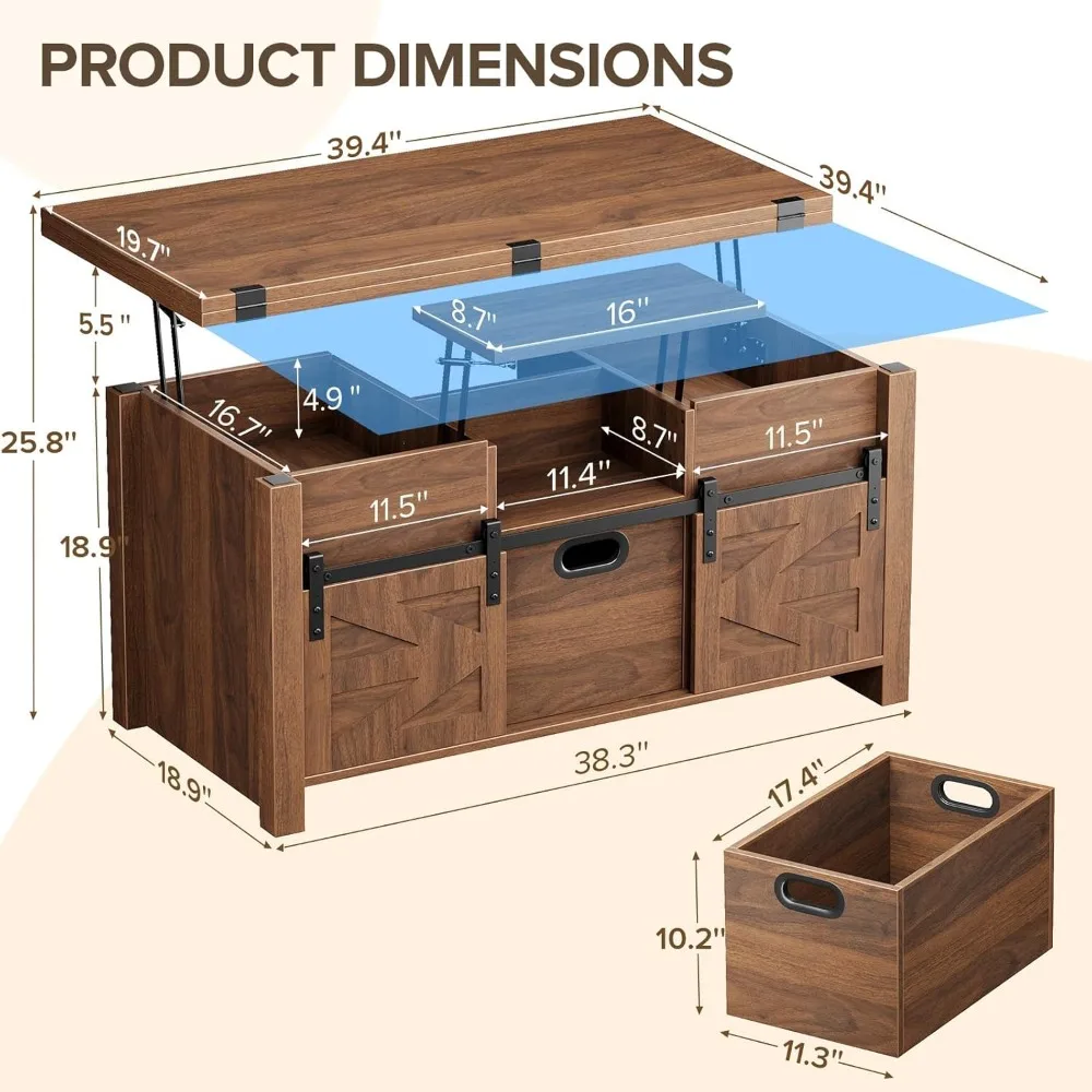 40 طاولة قهوة لرفع المزرعة مع أبواب حظيرة منزلقة، متعددة الوظائف 4 في 1، مع أدراج تخزين ومكونات مخفية #3