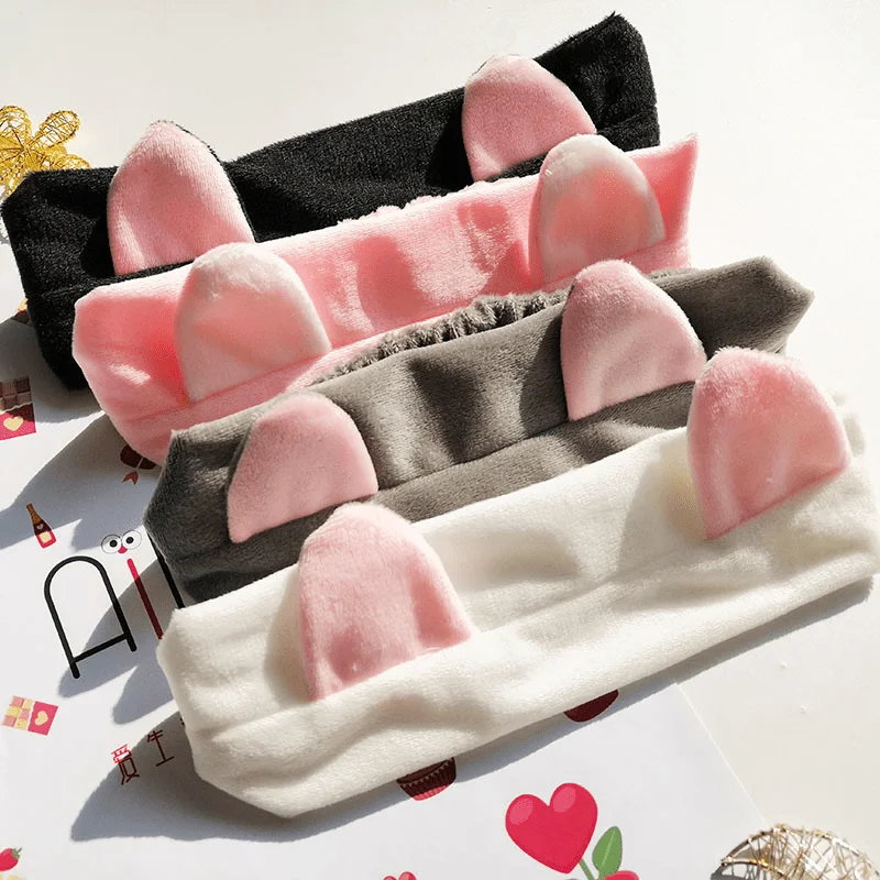 Women Cute Cat Ear Hair Headband, Soft Plush Elastic Head Wrap, Cosmetic Skincare Face Washing Hair Holder for Girls
