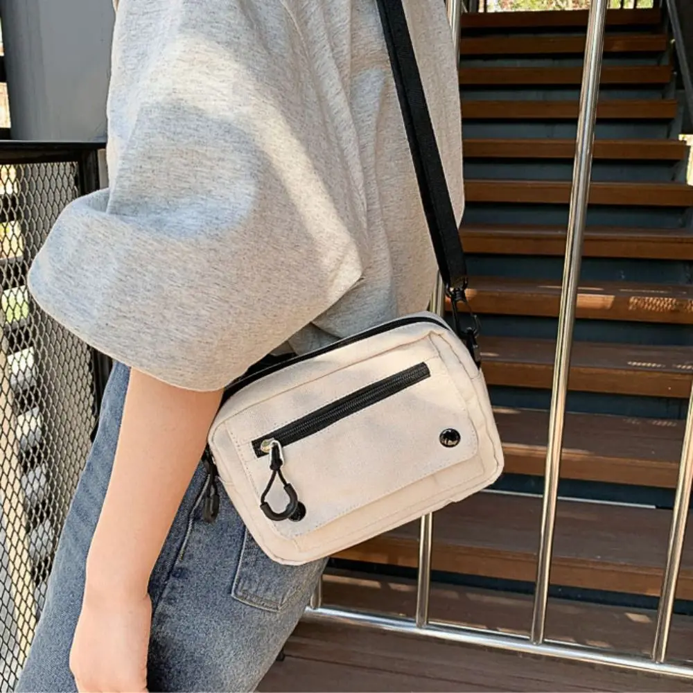 Fashion Pure Color Canvas Shoulder Bag Zipper Canvas Mobile Phone Bag Multifunctional Casual Tote Handbag Student