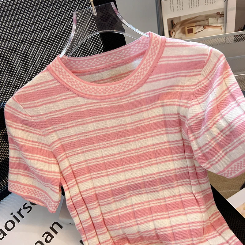 Casual Tees Women Knitting Tops Round Neck Contrast Stripe Short Sleeve Ladies Shirts Summer Sweaters Female Pullovers T-shirt