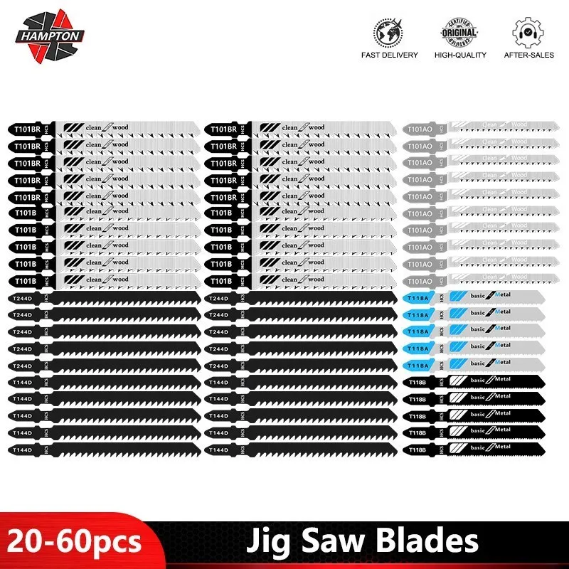 HAMPTON Jig Saw Blade Straight Cutting Tool 20/40/48/50/52/55/60PCS HCS Steel T Shank Metal/Wood Jig Saw Blads Hand Tools